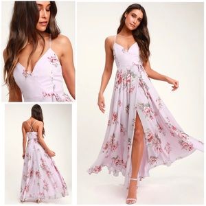 Lulus Elegantly Inclined Lavender Floral Print Wrap Maxi Dress